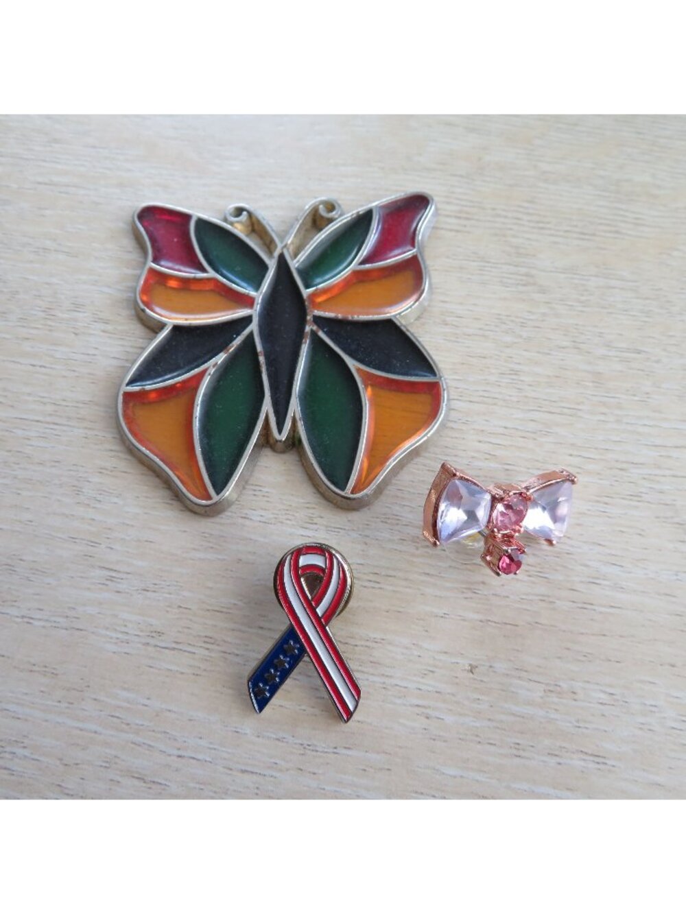 Vintage Decorative Stained Glass Butterfly Pins Pink Gemstone Bow & Flag Ribbon